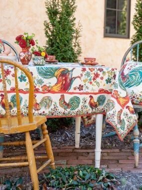 April Cornell Rooster Floral Tablecloth 60x120 Cotton Farmhouse Cottage